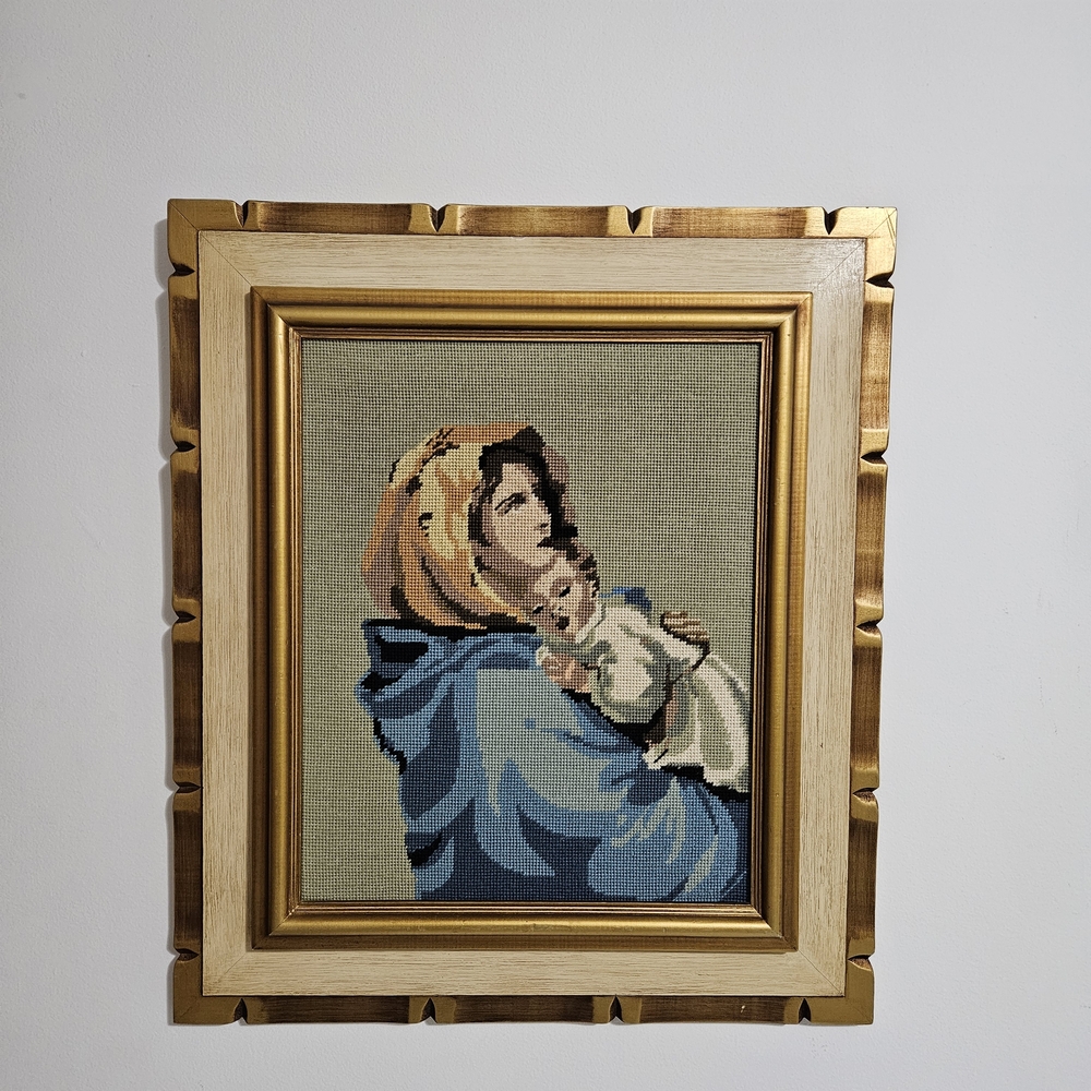 Madona/Mother and Child Artwork, Large Needlepoint Vintage Golden Frame